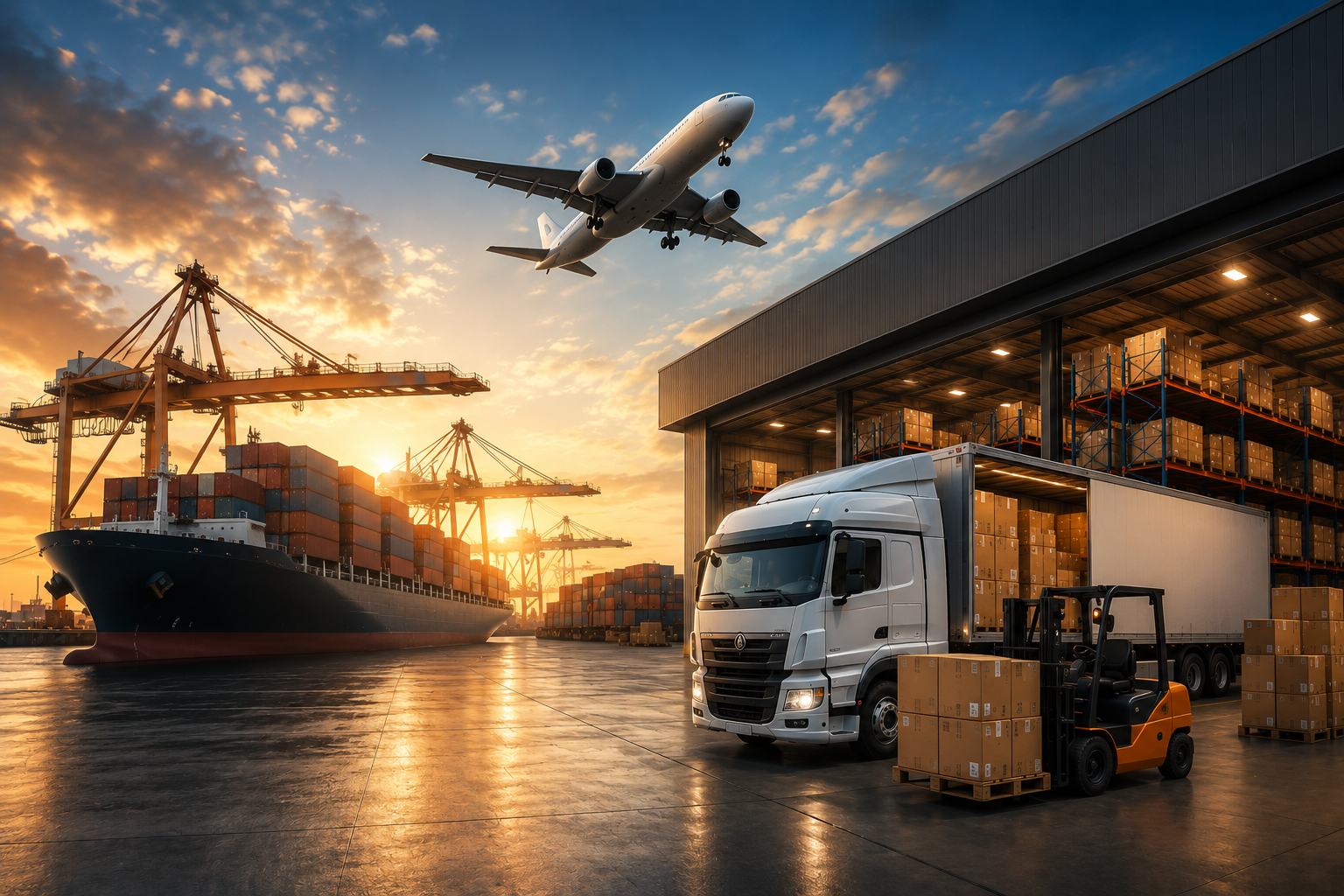3PL logistics warehouse with cargo truck, shipping containers, cargo ship, aircraft, and modern distribution center for global supply chain management